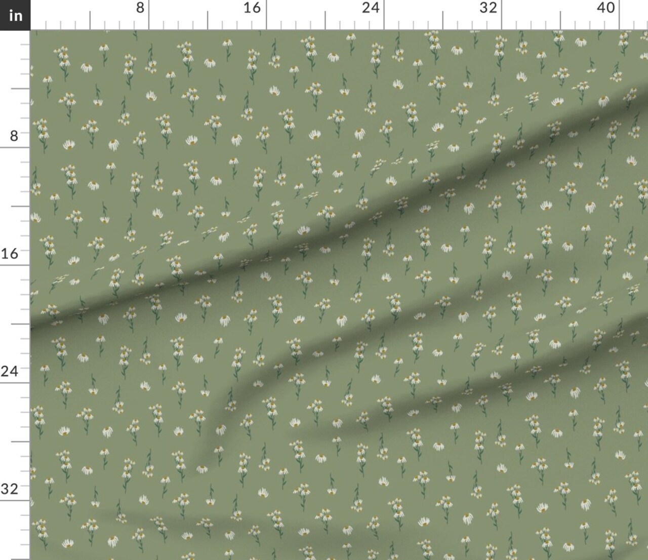 Green Botanical Daisy Flowers Spring Watercolor Floral Petals Country Farmhouse Custom Printed Fabric by Spoonflower Various Fabrics by the Yard or Fat Quarter